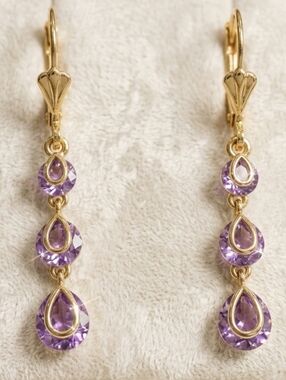 Gold & Lilac Teardrop Drop Earrings Genuine Amethyst And Vermeil Over Sterling